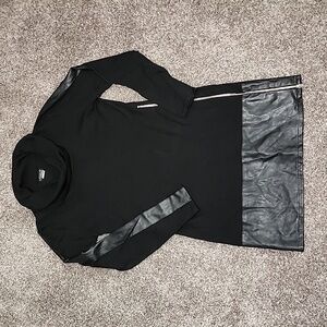 VENUS Black Cowl Neck Long Sleeve Sweater Dress Faux Leather Large